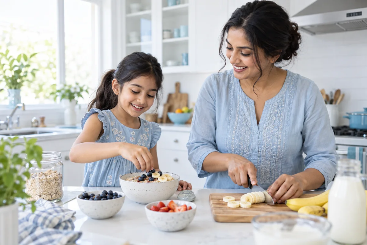 A mother and child sharing a relaxed breakfast