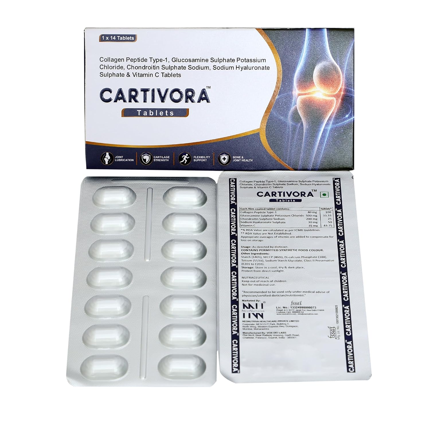 Joint Support Tablets | Cartilage Strength, Sodium Hyaluronate, Flexibility Support, Bone & Joint Health, Vitamin C Enriched,Collagen Peptide